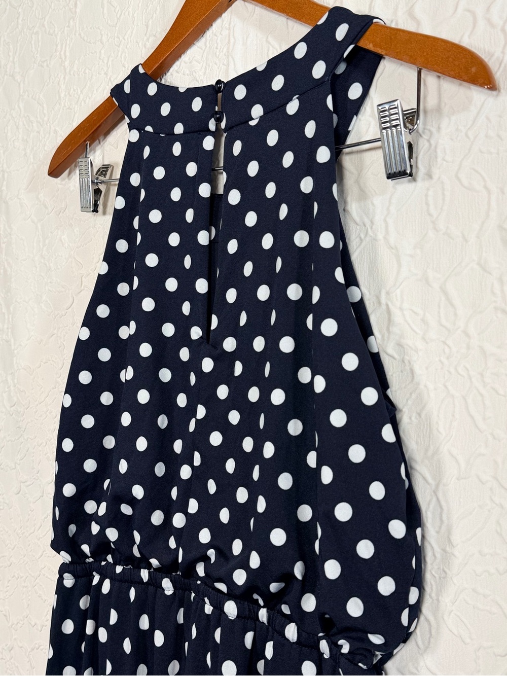 Emma & Michele Dark Navy Polka Dot Halter Wide Leg Cropped Romper Sz PM - Picture 13 of 14